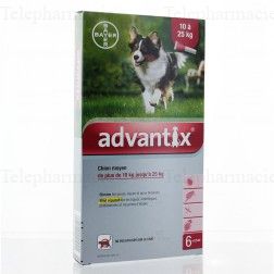 ADVANTIX chien moyen spot on 10 &agrave; 25kg x 6 pipettes